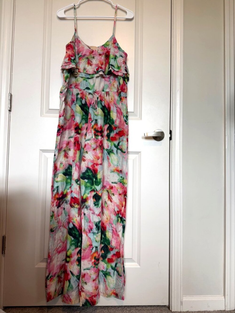 Anthropology Fleur Wood 100% Silk Floral Jumpsuit Size L Spaghetti Straps Ruffle